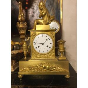 Beautiful And Rare Empire Clock In Gilt Bronze Signed Moreau In Paris